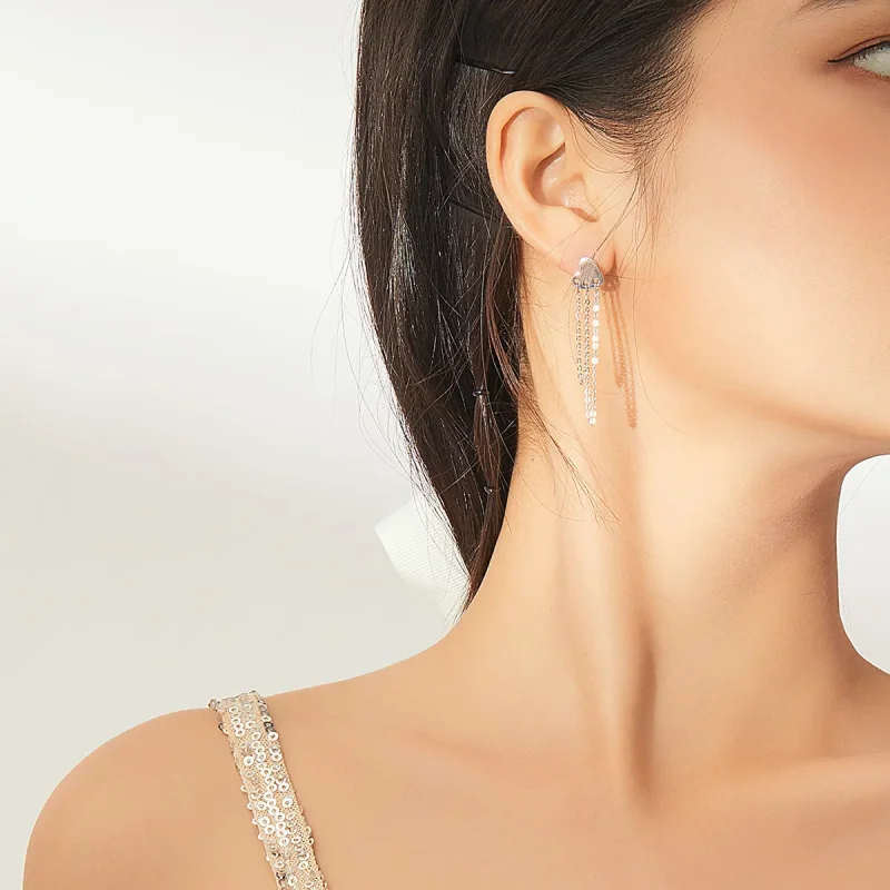 (image for) Pandora Style Silver Dangle Earrings, Heart Tassels - SCE867 - View 5