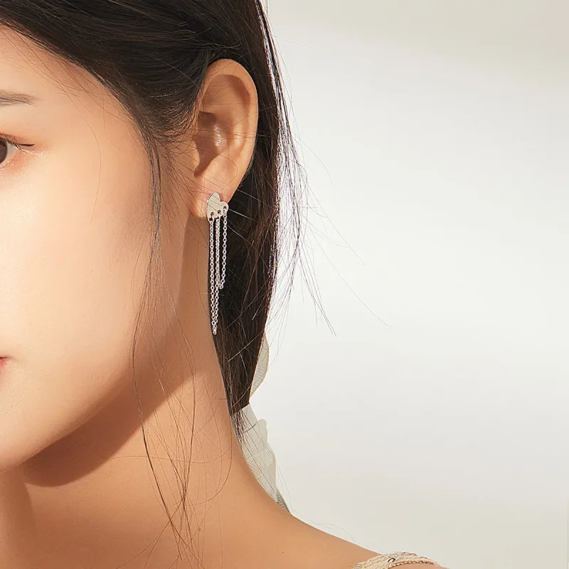 (image for) Pandora Style Silver Dangle Earrings, Heart Tassels - SCE867 - View 6