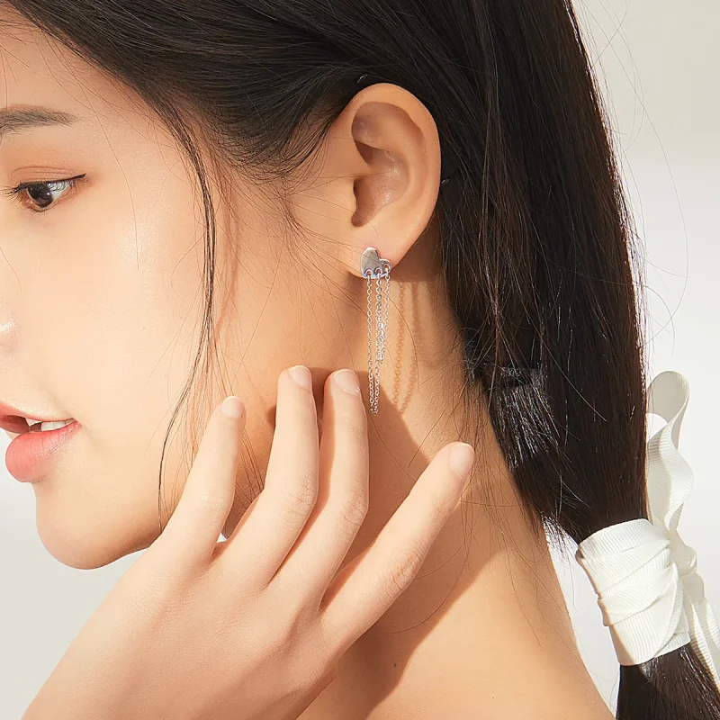 (image for) Pandora Style Silver Dangle Earrings, Heart Tassels - SCE867 - View 7