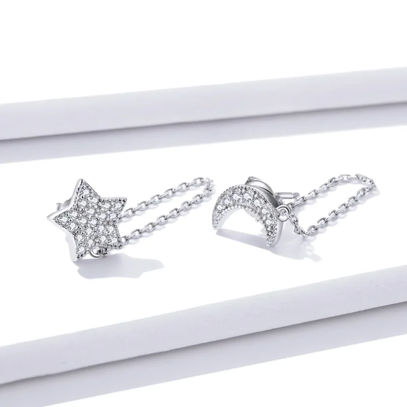 (image for) Pandora Style Silver Dangle Earrings, Midnight Moon and Star - BSE385 - View 3