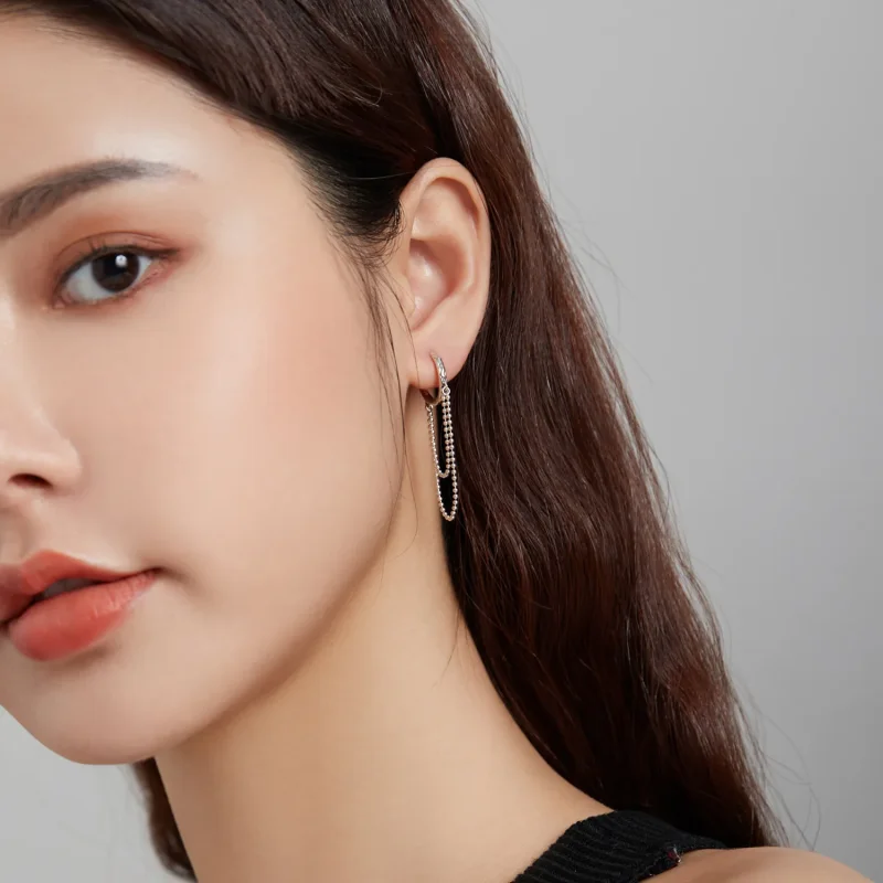 (image for) Pandora Style Silver Dangle Earrings, Pearl Chain - SCE1121 - View 5