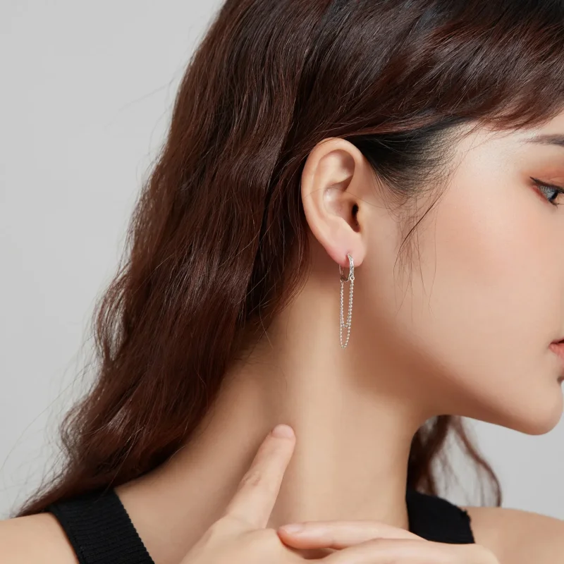 (image for) Pandora Style Silver Dangle Earrings, Pearl Chain - SCE1121 - View 7