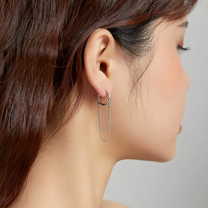 (image for) Pandora Style Silver Dangle Earrings, Pearl Chain - SCE1121 - View 8