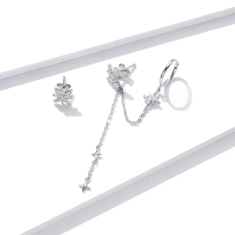 (image for) Pandora Style Silver Dangle Earrings, Shining Stars - BSE433 - View 3