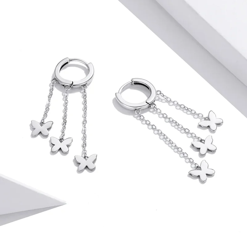 (image for) Pandora Style Silver Dangle Earrings, Tassel Butterfly - SCE1173 - View 2