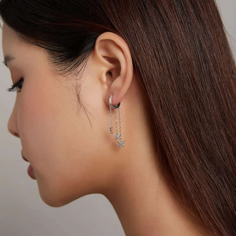 (image for) Pandora Style Silver Dangle Earrings, Tassel Butterfly - SCE1173 - View 7