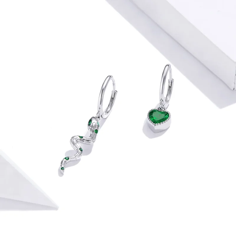 (image for) Pandora Style Silver Dangle Earrings, The Love of The Snake & Green Heart - SCE1 - View 2