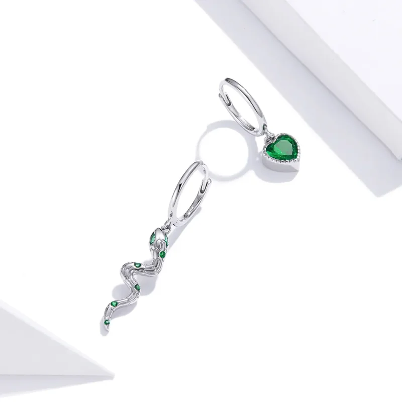 (image for) Pandora Style Silver Dangle Earrings, The Love of The Snake & Green Heart - SCE1 - View 3