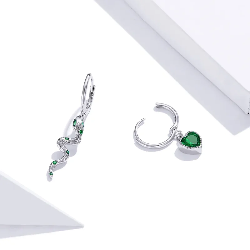 (image for) Pandora Style Silver Dangle Earrings, The Love of The Snake & Green Heart - SCE1 - View 4