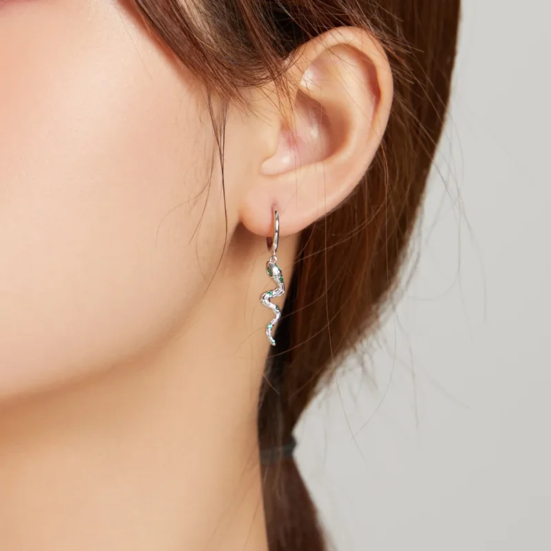 (image for) Pandora Style Silver Dangle Earrings, The Love of The Snake & Green Heart - SCE1 - View 7