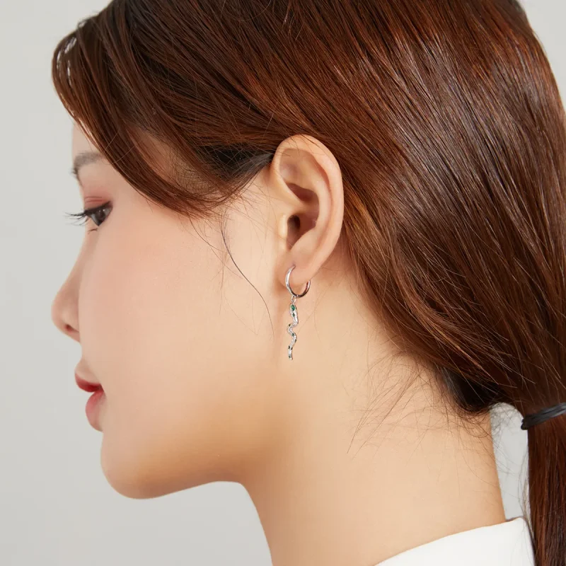 (image for) Pandora Style Silver Dangle Earrings, The Love of The Snake & Green Heart - SCE1 - View 8