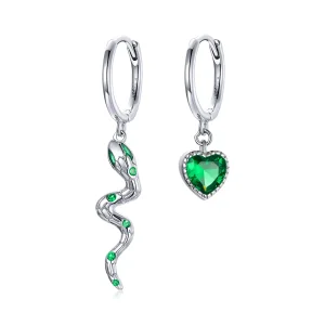 (image for) Pandora Style Silver Dangle Earrings, The Love of The Snake & Green Heart - SCE1006