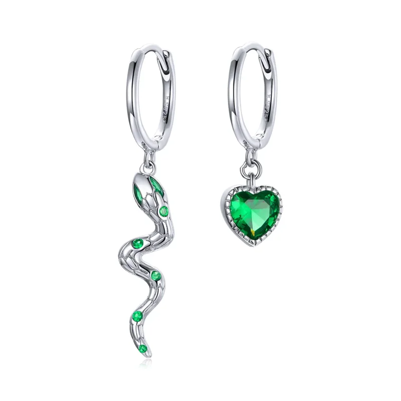 (image for) Pandora Style Silver Dangle Earrings, The Love of The Snake & Green Heart - SCE1006 - Product Image