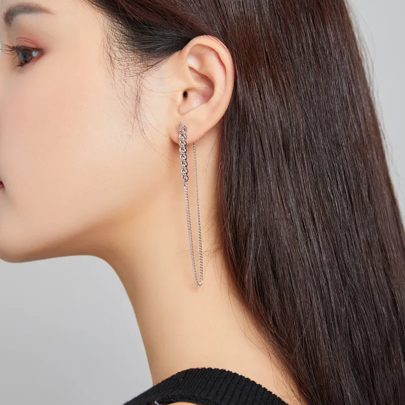 (image for) Pandora Style Silver Dangle Earrings, Vintage Chain - SCE1011 - View 6