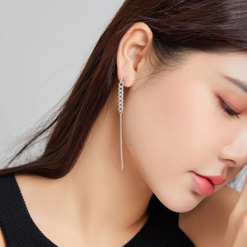 (image for) Pandora Style Silver Dangle Earrings, Vintage Chain - SCE1011 - View 7