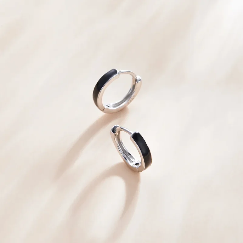 (image for) Pandora Style Silver Hoop Earrings, Anti-Allergy, Black Enamel - SCE1047 - View 2