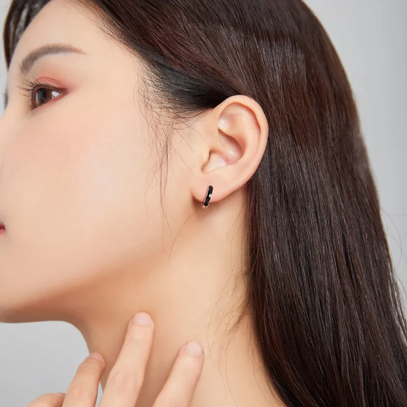 (image for) Pandora Style Silver Hoop Earrings, Anti-Allergy, Black Enamel - SCE1047 - View 6