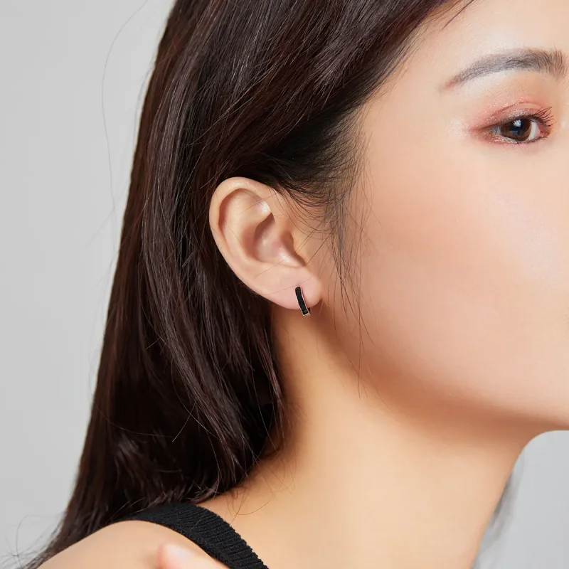 (image for) Pandora Style Silver Hoop Earrings, Anti-Allergy, Black Enamel - SCE1047 - View 7