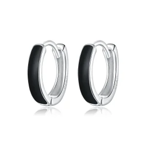 (image for) Pandora Style Silver Hoop Earrings, Anti-Allergy, Black Enamel - SCE1047