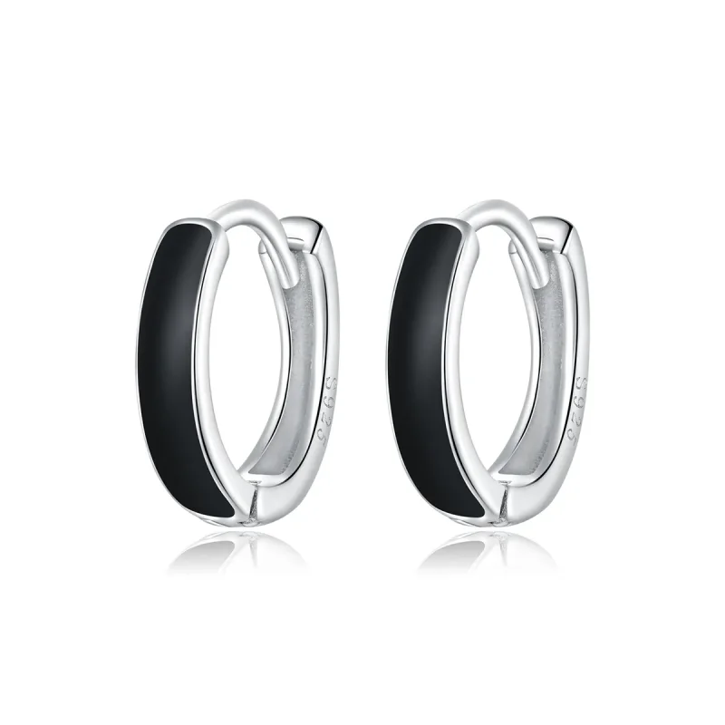 (image for) Pandora Style Silver Hoop Earrings, Anti-Allergy, Black Enamel - SCE1047 - Product Image