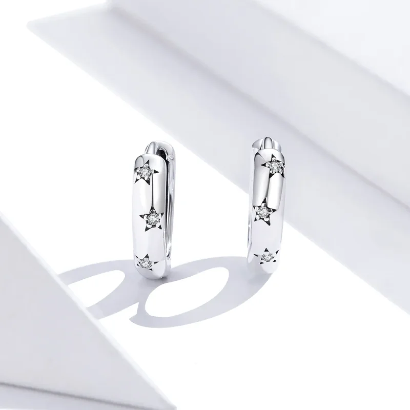 (image for) Pandora Style Silver Hoop Earrings, Anti-Allergy Stars - SCE873 - View 2