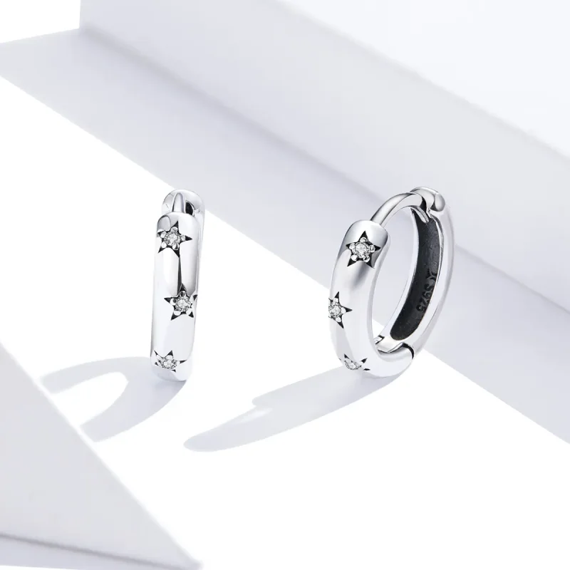 (image for) Pandora Style Silver Hoop Earrings, Anti-Allergy Stars - SCE873 - View 3