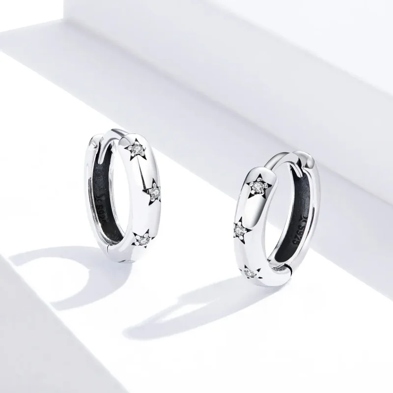 (image for) Pandora Style Silver Hoop Earrings, Anti-Allergy Stars - SCE873 - View 4