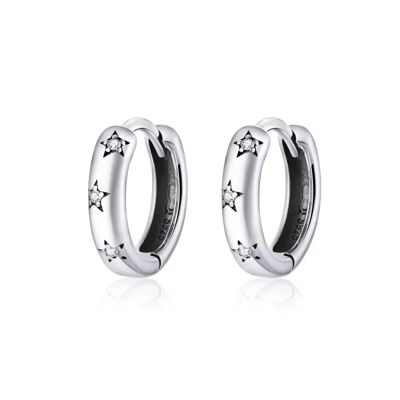 (image for) Pandora Style Silver Hoop Earrings, Anti-Allergy Stars - SCE873 - Product Image