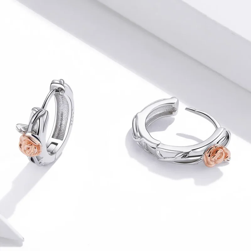 (image for) Pandora Style Silver Hoop Earrings, Bicolor Rose Vine - SCE971 - View 4