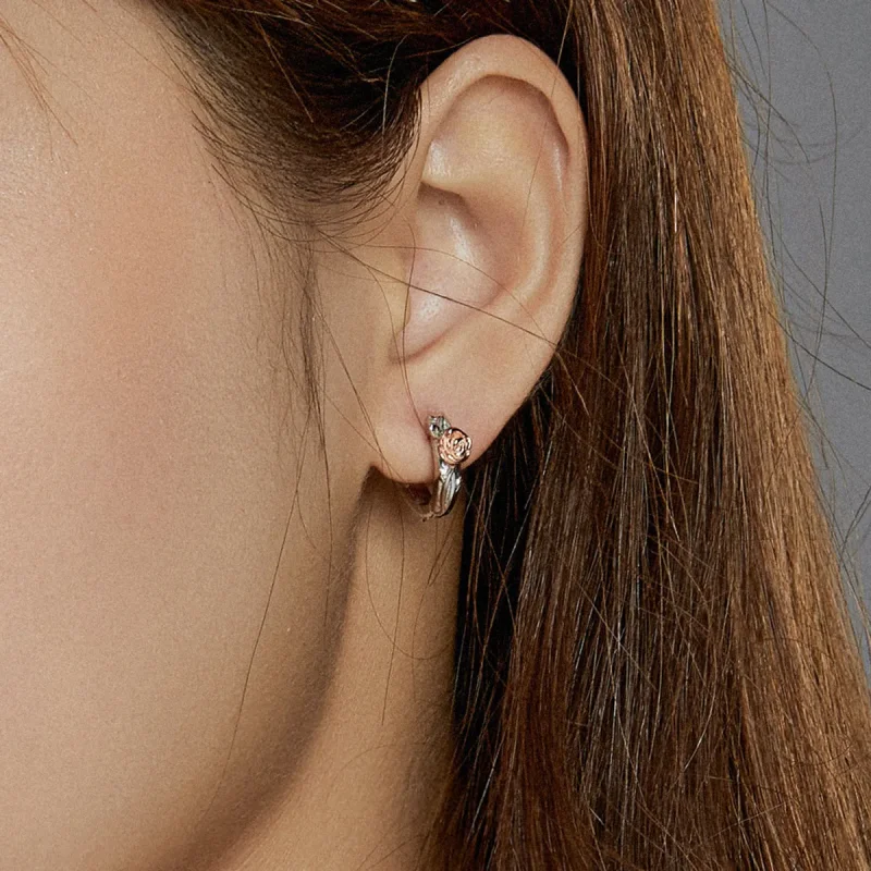 (image for) Pandora Style Silver Hoop Earrings, Bicolor Rose Vine - SCE971 - View 7