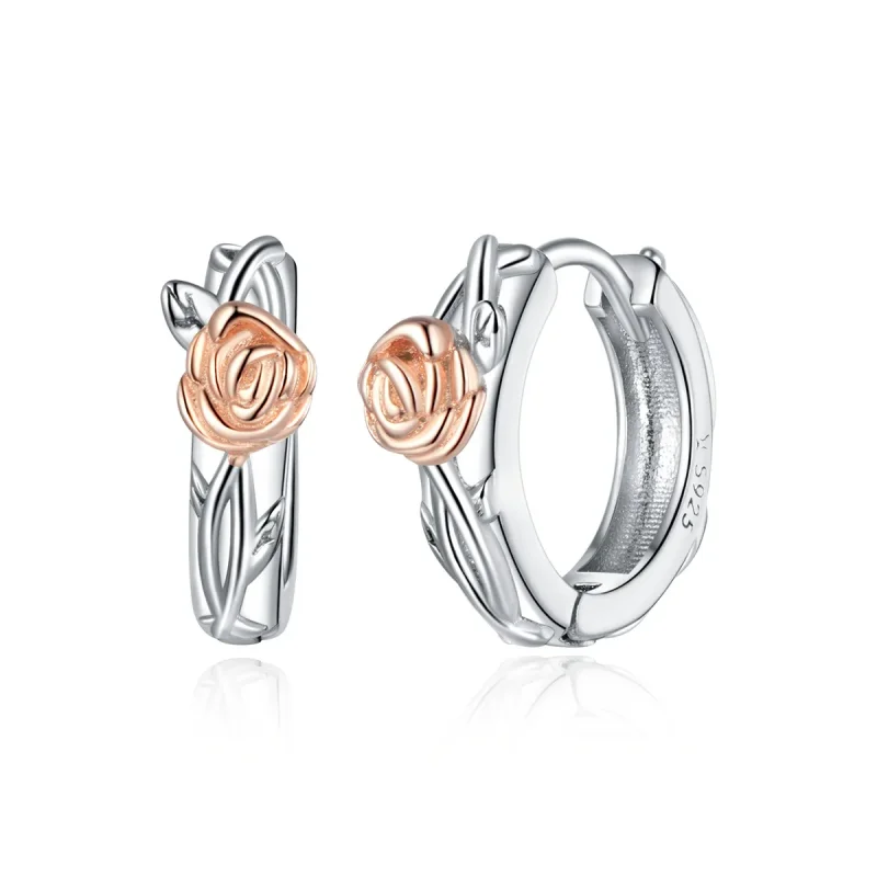 (image for) Pandora Style Silver Hoop Earrings, Bicolor Rose Vine - SCE971 - Product Image