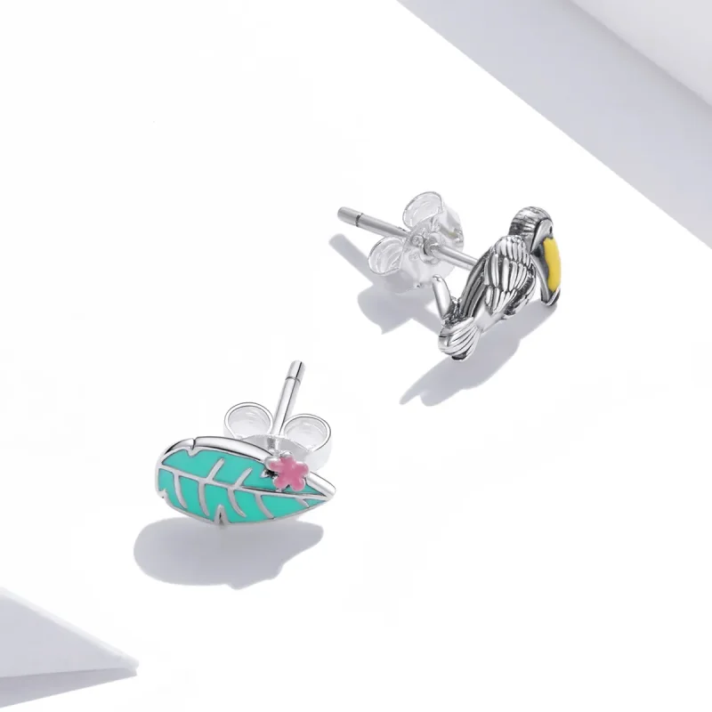 (image for) Pandora Style Silver Hoop Earrings, Big Beaked Bird and Leaf, Multicolor Enamel - View 2