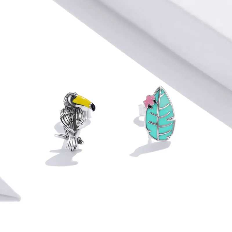 (image for) Pandora Style Silver Hoop Earrings, Big Beaked Bird and Leaf, Multicolor Enamel - View 3