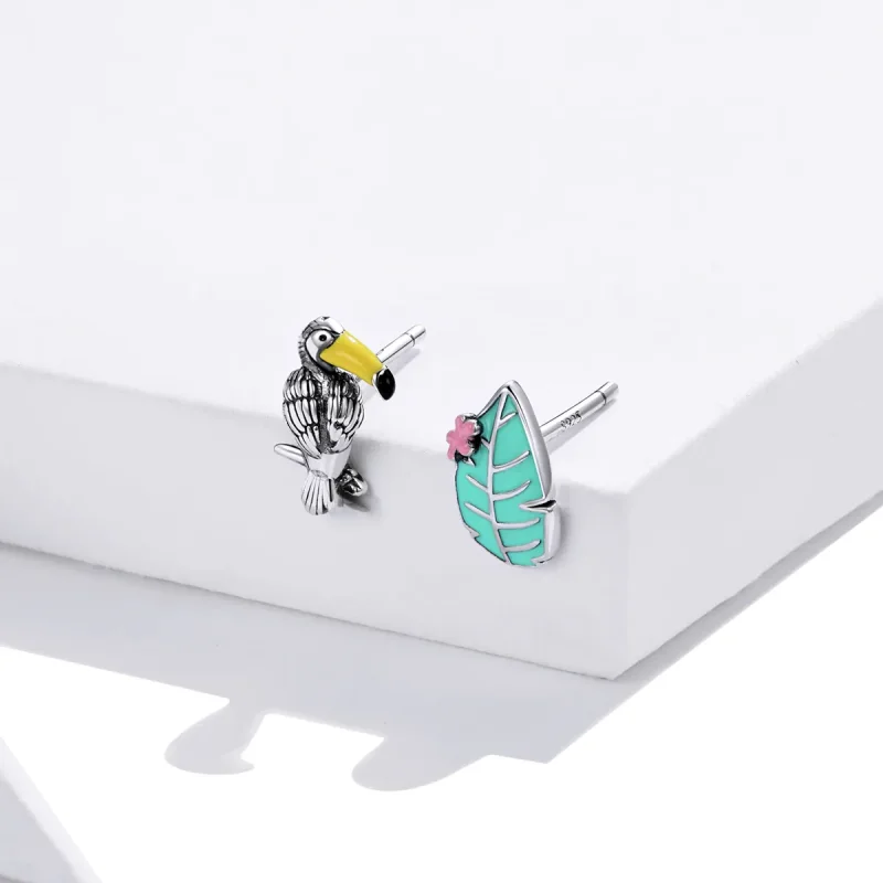 (image for) Pandora Style Silver Hoop Earrings, Big Beaked Bird and Leaf, Multicolor Enamel - View 4