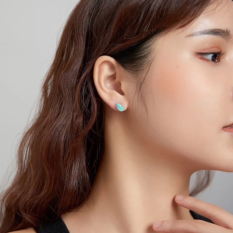 (image for) Pandora Style Silver Hoop Earrings, Big Beaked Bird and Leaf, Multicolor Enamel - View 5