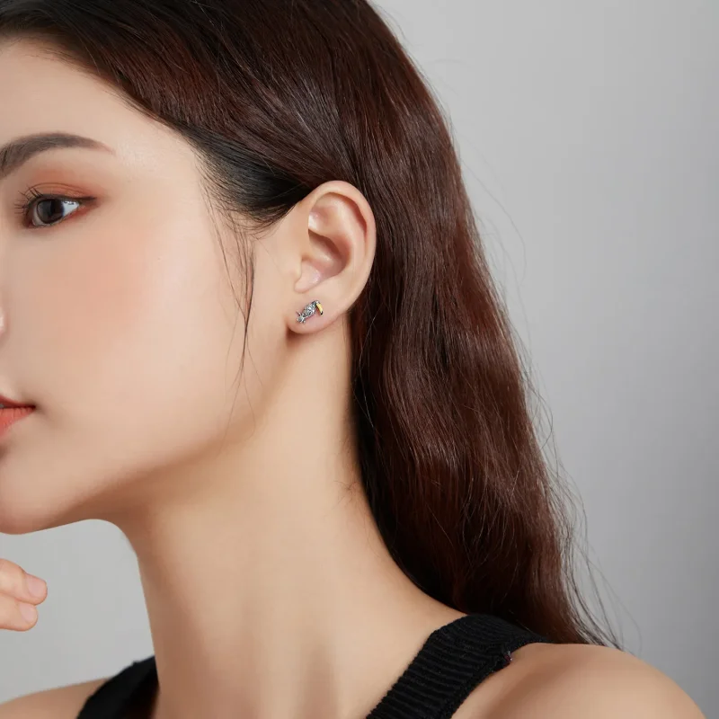 (image for) Pandora Style Silver Hoop Earrings, Big Beaked Bird and Leaf, Multicolor Enamel - View 7