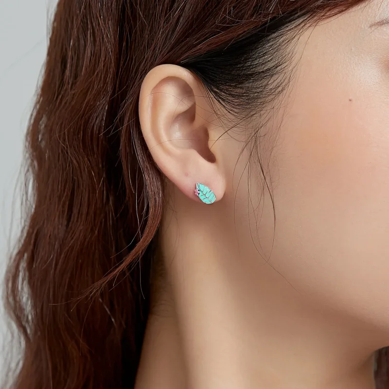 (image for) Pandora Style Silver Hoop Earrings, Big Beaked Bird and Leaf, Multicolor Enamel - View 8