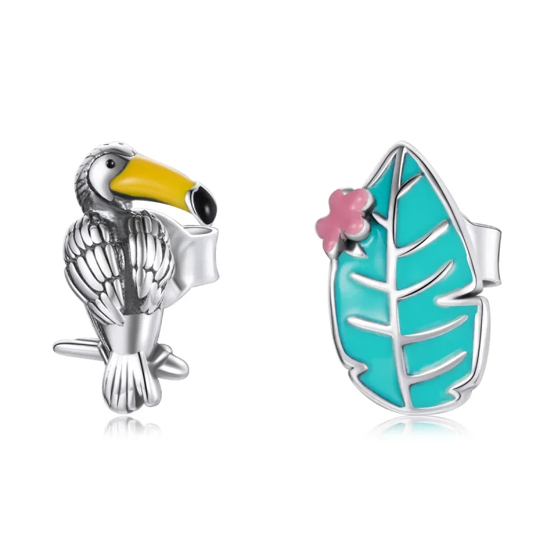 (image for) Pandora Style Silver Hoop Earrings, Big Beaked Bird and Leaf, Multicolor Enamel - SCE1083 - Product Image