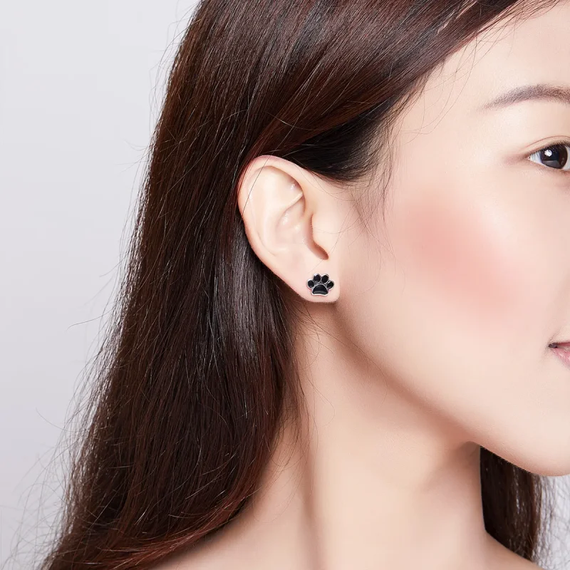 (image for) Pandora Style Silver Hoop Earrings, Budding Claws, Black Enamel - SCE757 - View 6