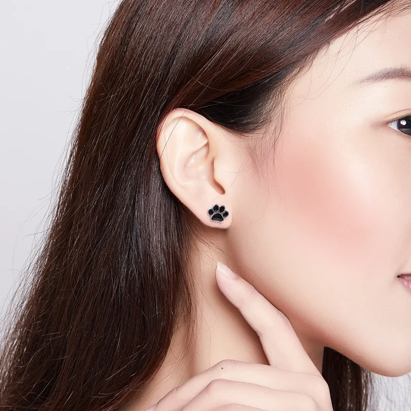 (image for) Pandora Style Silver Hoop Earrings, Budding Claws, Black Enamel - SCE757 - View 7