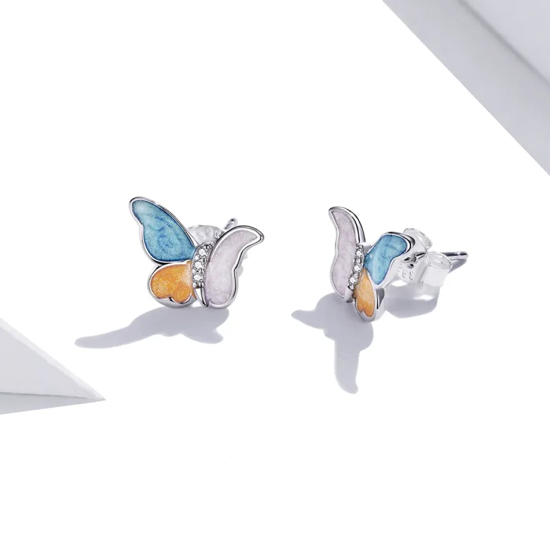 (image for) Pandora Style Silver Hoop Earrings, Butterfly With Three Colors, Multicolor Enam - View 3