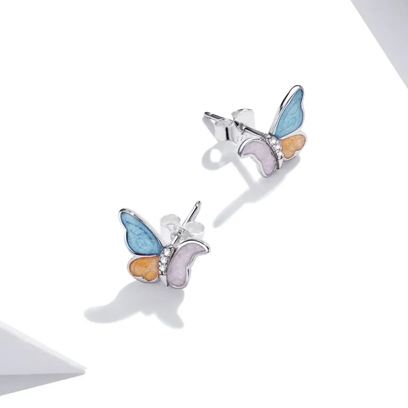 (image for) Pandora Style Silver Hoop Earrings, Butterfly With Three Colors, Multicolor Enam - View 4