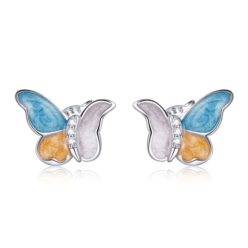(image for) Pandora Style Silver Hoop Earrings, Butterfly With Three Colors, Multicolor Enamel - SCE1156 - Product Image