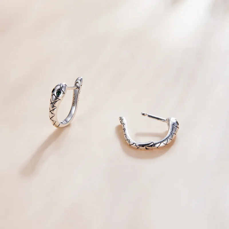 (image for) Pandora Style Silver Hoop Earrings, Cartoon Snake - SCE1104 - View 4
