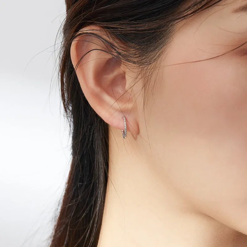 (image for) Pandora Style Silver Hoop Earrings, Circle Hemp Rope - SCE841 - View 7