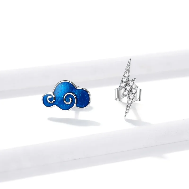 (image for) Pandora Style Silver Hoop Earrings, Clouds and Lightning, Blue Enamel - BSE429 - View 2