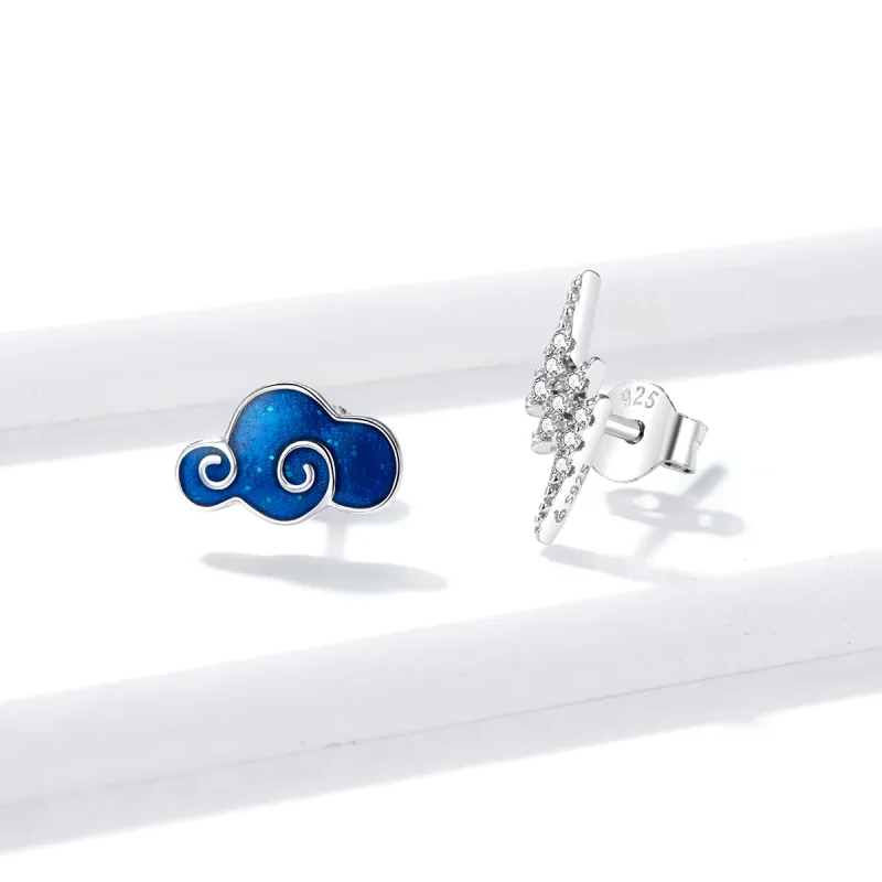 (image for) Pandora Style Silver Hoop Earrings, Clouds and Lightning, Blue Enamel - BSE429 - View 3