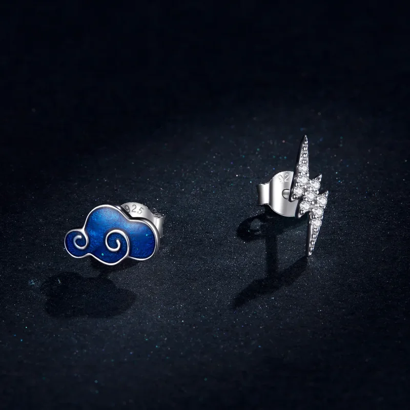 (image for) Pandora Style Silver Hoop Earrings, Clouds and Lightning, Blue Enamel - BSE429 - View 5