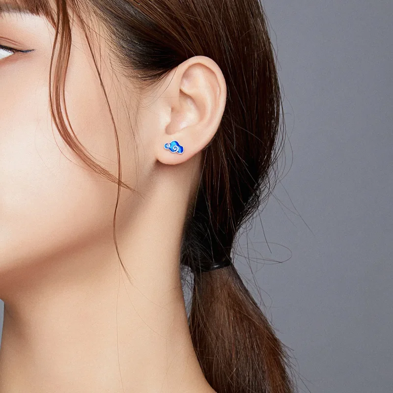 (image for) Pandora Style Silver Hoop Earrings, Clouds and Lightning, Blue Enamel - BSE429 - View 9
