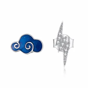 (image for) Pandora Style Silver Hoop Earrings, Clouds and Lightning, Blue Enamel - BSE429